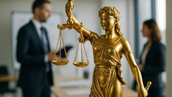 Golden Lady Justice statue with blurred professionals discussing.