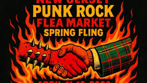 New Jersey Punk Rock Flea Market 2026 poster with flames and shaking hands.