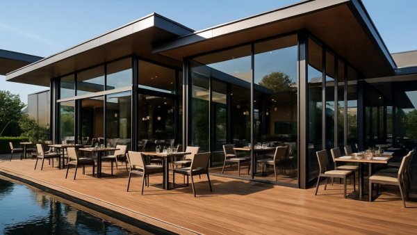 Modern dining lounge with glass walls and outdoor seating reflecting dining trends in Northern NJ.
