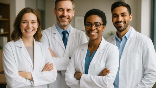 Four doctors in white coats, confident and smiling.