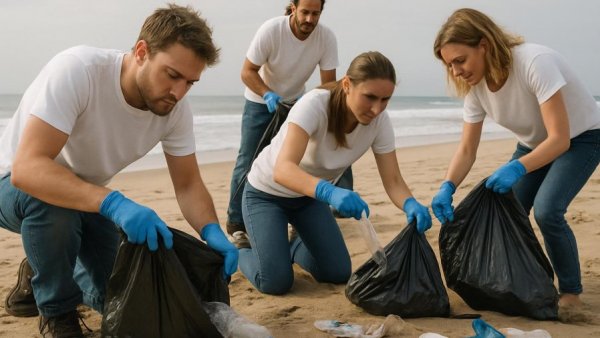 Volunteers engage in Beach Sweeps NJ cleanup on a sandy shore.