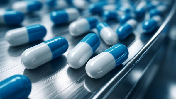 Blue and white capsules on conveyor in pharmaceutical factory; Trump 100% tariffs.