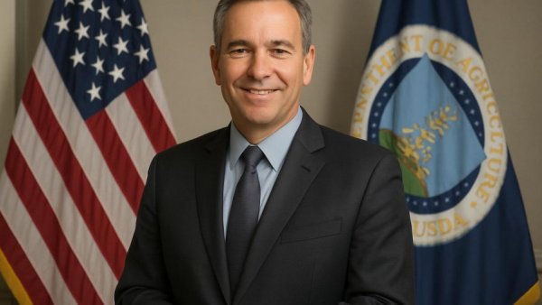 Middle-aged man in suit with flags, representing USDA Grant for Rural Small Businesses.