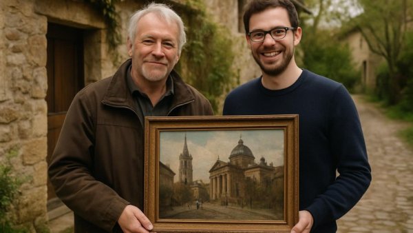 Historic portrait Phillipsburg held by two men on a rustic street.