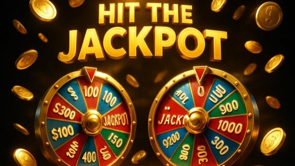Jackpota promo code ad with spinning jackpot wheels and coins.
