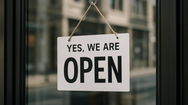 Open sign welcoming customers, small business jobs index New Jersey.