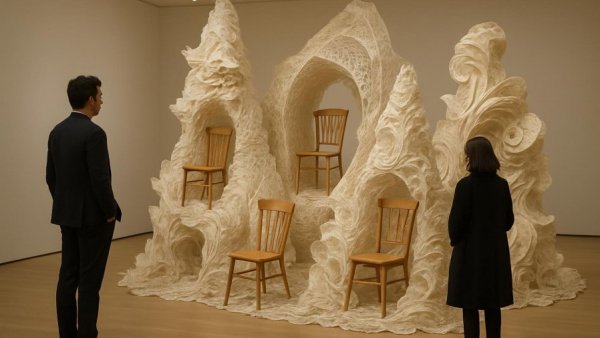 Visitors at Garden State Art Weekend admire paper art installation.