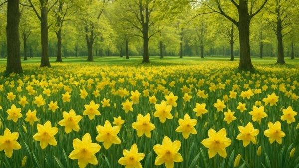 Lush field of yellow daffodils in New Jersey park, spring 2026.