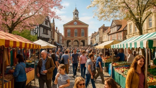 New Jersey spring street fair with vendors and crowds under blue sky.