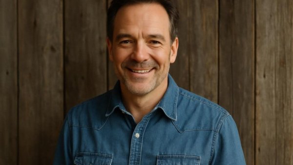 Middle-aged man smiling against a rustic wooden wall.