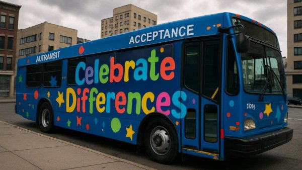 NJ Transit bus with 'Celebrate Differences' autism acceptance design.