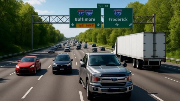 Wide view of I-80 with vehicles and highway signs.
