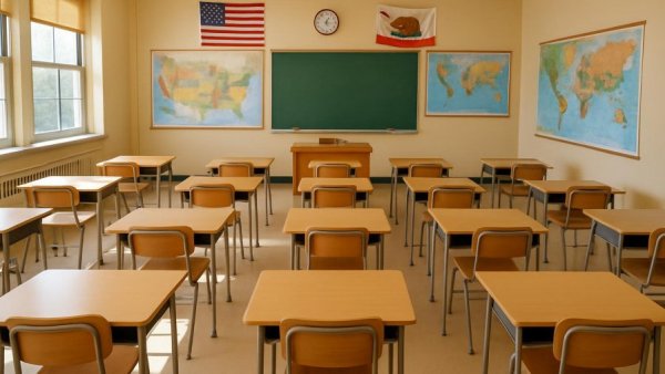 Classroom in New Jersey school district with desks and maps.