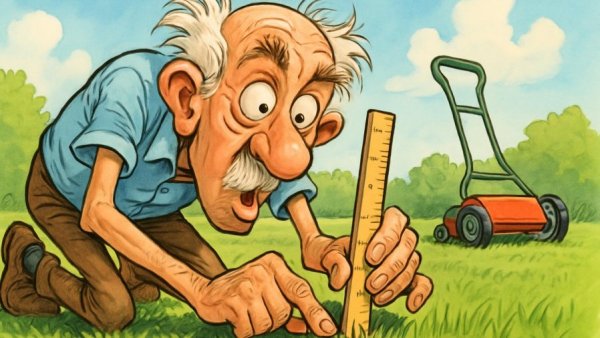 Cartoon of man measuring lawn for sustainable lawn care in NJ.