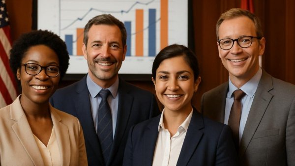 Group of professionals in New Jersey meeting, economic mobility theme.