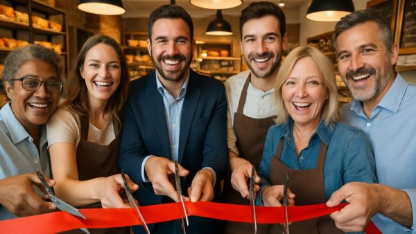 NJ Transit new food options ribbon-cutting ceremony with smiling attendees.