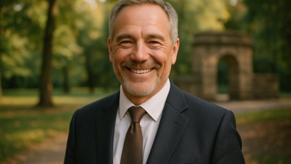 Mature man smiling in a park for StimSight Research Pollie Award.