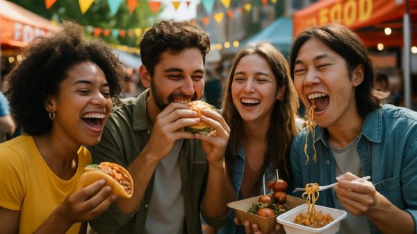 New Jersey Spring Food Festivals: Group enjoying food at a lively market.