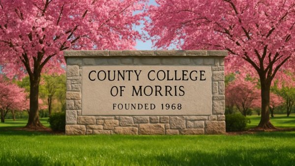 County College of Morris stone sign with spring blossoms, Criminal Justice Day CCM May 7