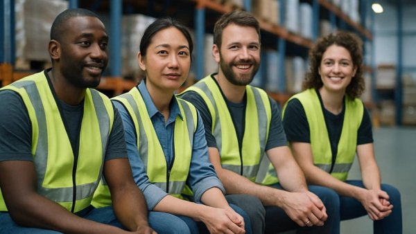 Diverse warehouse workers seated in vests during a break.