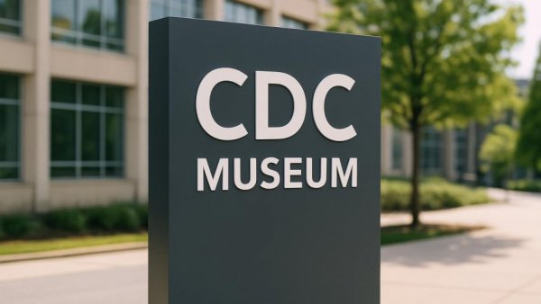 CDC museum sign in urban setting for COVID Vaccine Effectiveness Study.