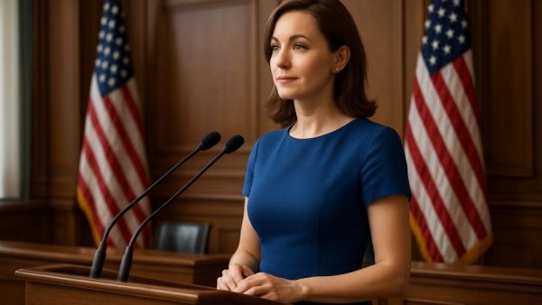 Professional woman presenting NJ Report Card in government chamber