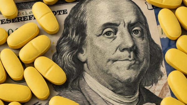Yellow pills on a hundred-dollar bill symbolizing Medigap premiums increase.