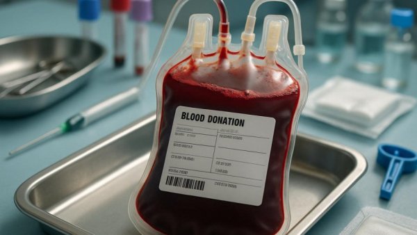 Blood donation bag in medical setting in Northern NJ.