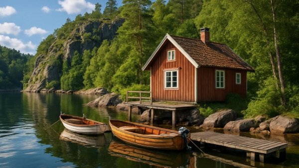 Charming cabin and boats near pierhead lines on scenic rocky cliff coast