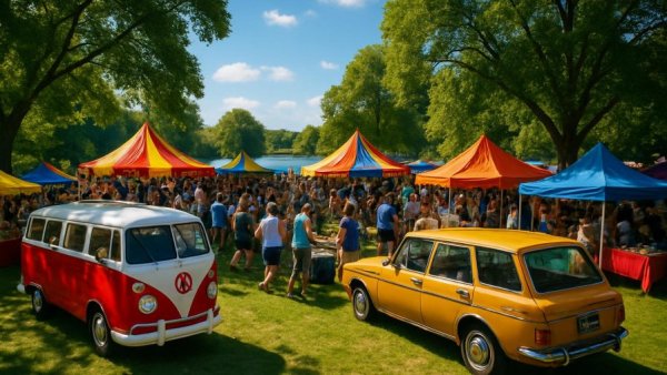 New Jersey May festival with tents by a lake, vibrant scene.