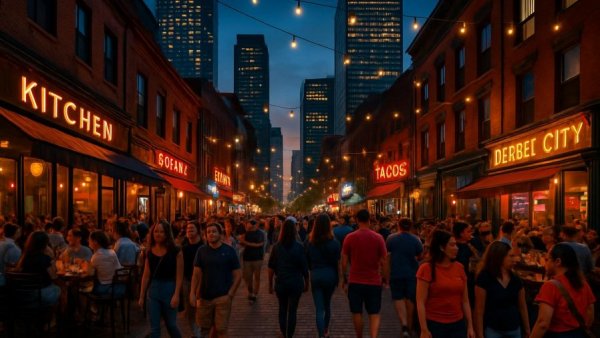 Vibrant Jersey City food scene at night with bustling streets.