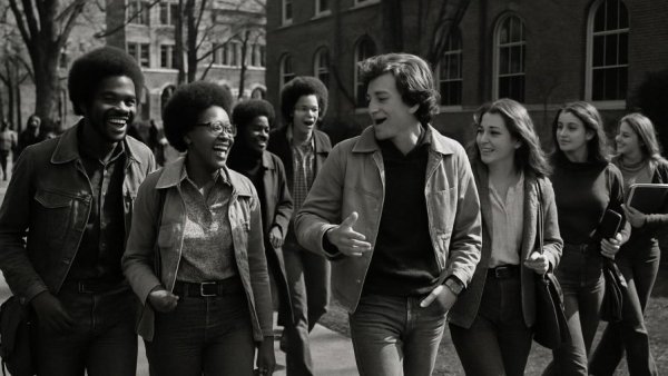 Historical Rutgers-Newark campus scene in 1970s with students.