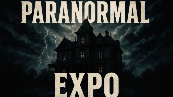 White Hill Mansion Paranormal Expo poster with haunted evening atmosphere.