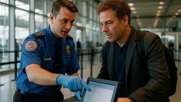 TSA agent assisting traveler at airport security for PreCheck discount