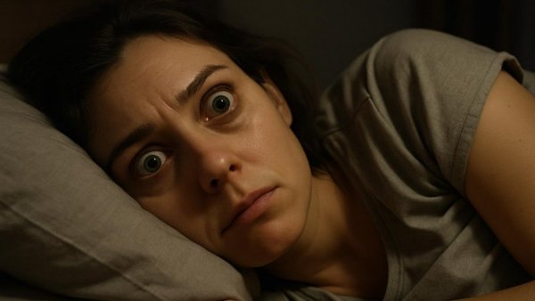 Anxious woman lying awake in bed, depicting Sleep-Deprived Nation.