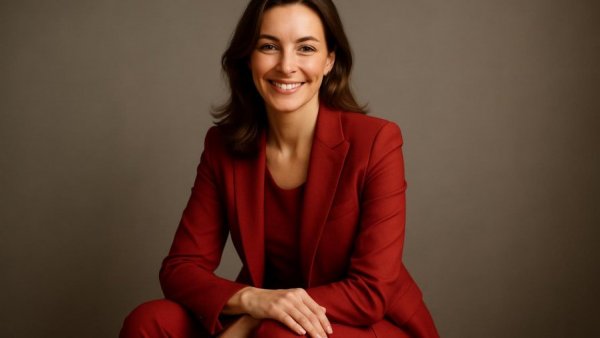 Elegant woman in red suit smiling confidently, neutral backdrop.