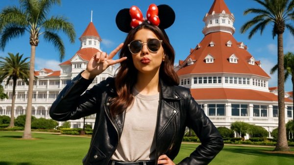 Woman posing in Minnie Mouse ears at Disney deluxe resort, sunny day.