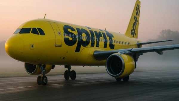 Spirit Airlines plane at dawn, illustrating shutdown impact.