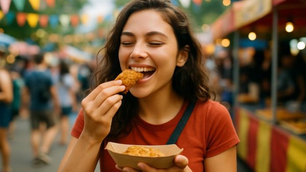 Young woman enjoying food at Bayonne Food Truck Fest.
