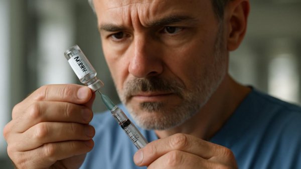 Focused man preparing shingles vaccine injection in medical setting.