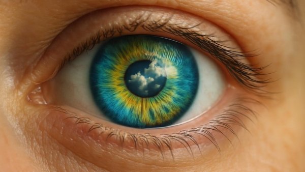 Close-up of eye showing vibrant iris, reflecting sky, VEGF inhibitor implant context.