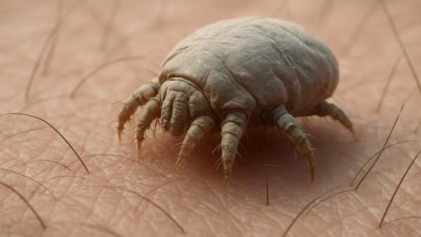 Macro view of scabies mite on skin, highlighting mite detail.