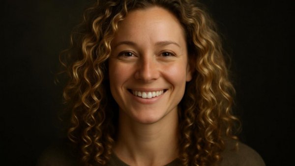 Portrait of a smiling woman with curly blonde hair
