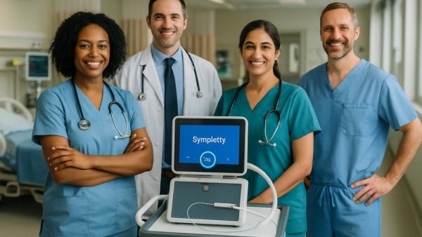 Medical team with Symplicity device in hospital setting.