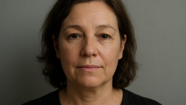 Middle-aged woman with calm expression in a studio setting.