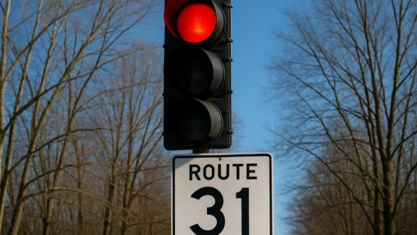 Route 31 traffic light with red signal against winter trees.