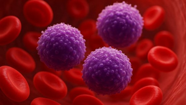 3D illustration showing leukemia cells with FDA approval text for new AML regimen.