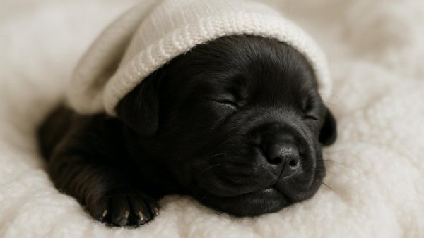 Newborn puppy sleeping in cute white hat on a fluffy blanket.