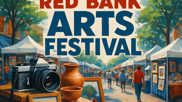 Red Bank Arts Festival poster with art supplies and street market.