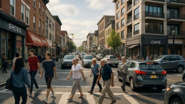 NJ businesses that make a difference shown in a lively street scene.